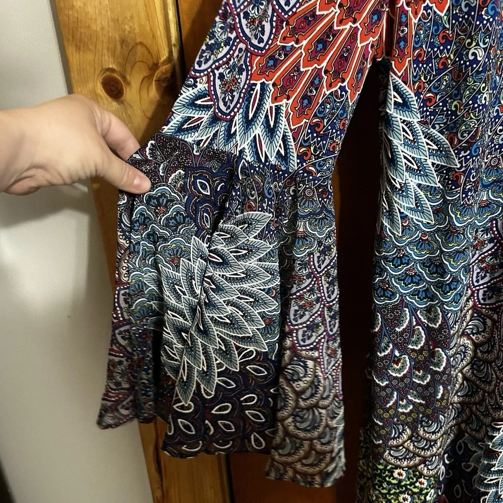 Dress Women's XL Multicolored Boho‎ Flowy Gypsy  Y2K Peacock Bell Sleeve NEW